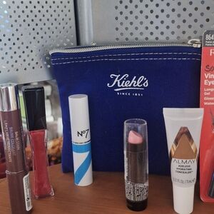 Kiehl's Navy Pouch with 11 Assorted Beauty Products All Different Brands